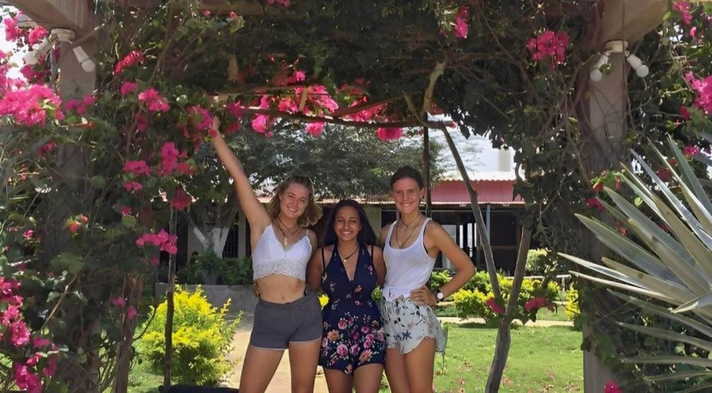 Tres mujeres de pie bajo un árbol con flores rosas en Coccoloba Beach Hostel, en Dibulla