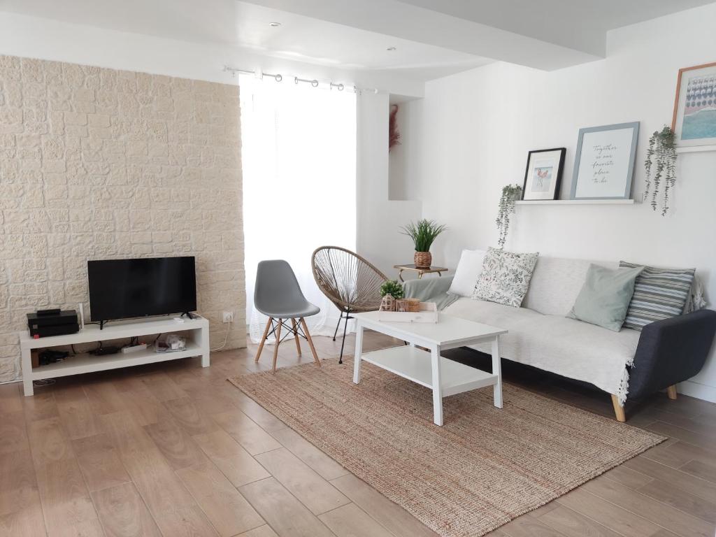 uma sala de estar com um sofá branco e uma televisão em La Casa Rosa em Opoul-Périllos
