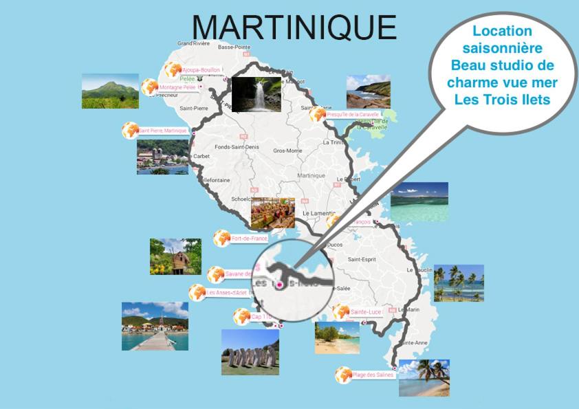 una mappa della Martinica e delle sue attrazioni di Studio de charme VUE MER 2 personnes ENTIEREMENT RENOVÉ a Les Trois-Îlets
