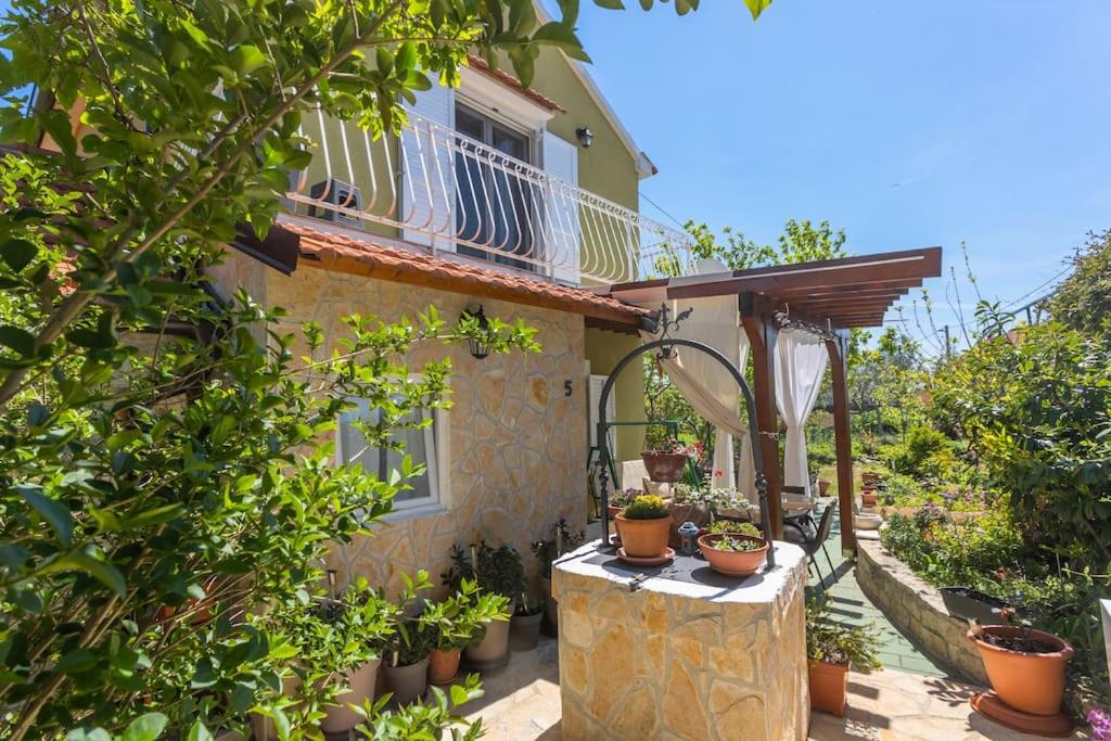 a house with potted plants on the side of it at Peaceful house in nature nearby National Park Krka in Brištane