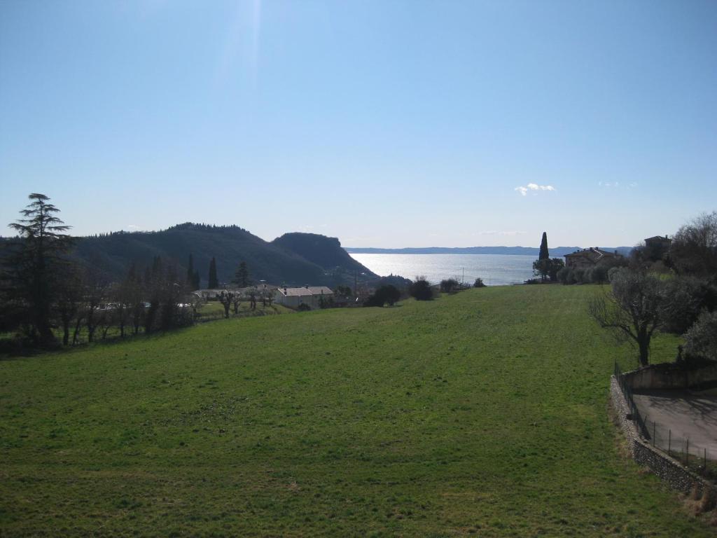 ein großes grünes Feld mit dem Ozean im Hintergrund in der Unterkunft Appartamento Cielo in Costermano sul Garda