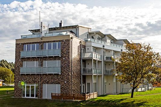 奧茨塞巴德·迪爾哈根的住宿－Käptn Brass Villa 5 App 3 Strandrose，前面有一棵树的大型砖砌建筑