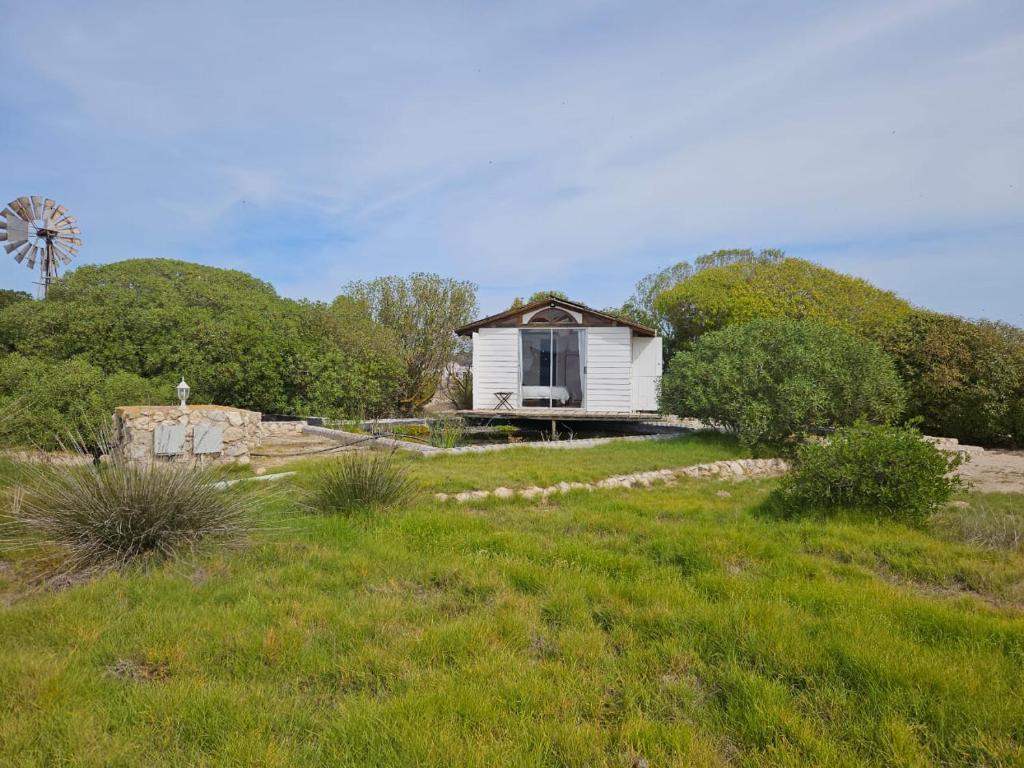 a small white house in a field with a windmill at Aintree Lodge - Yoga Den in Langebaan