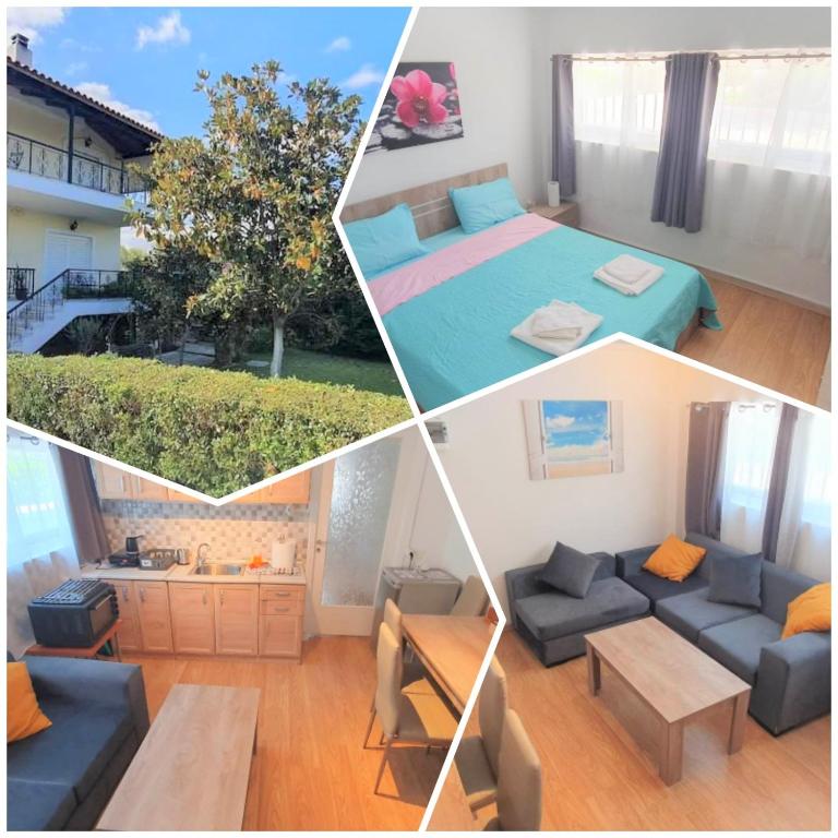 a collage of four pictures of a room at VACATION STUDIO OROPOS in Néa Palátia