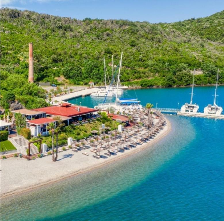 an aerial view of a resort in the water at INO Apartments in Tivat