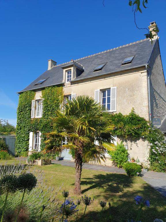 諾南特的住宿－LE CLOS POULAIN Petits gîtes de charme et chambres d'hôtes Familiales au calme proche Bayeux et des plages，前面有棕榈树的房子