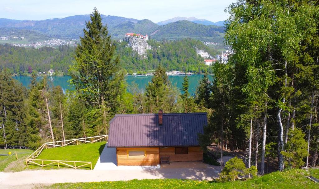 a small cabin with a grass roof on a hill next to a lake at Bled Straza House in Bled