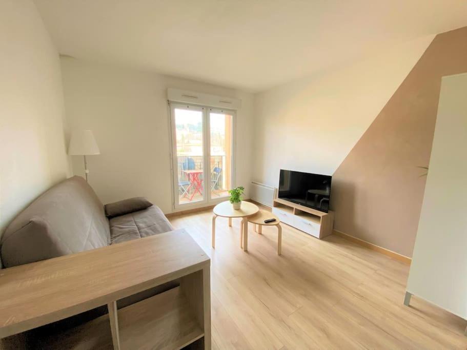 a living room with a couch and a tv at Studio Sainte Victoire avec balcon in Aix-en-Provence