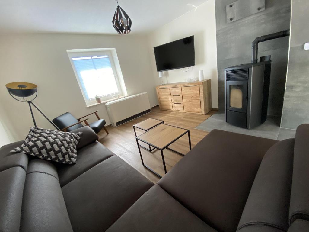 un soggiorno con divano e camino di NEU Ferienhaus Dat Wildberghus a Wildberg