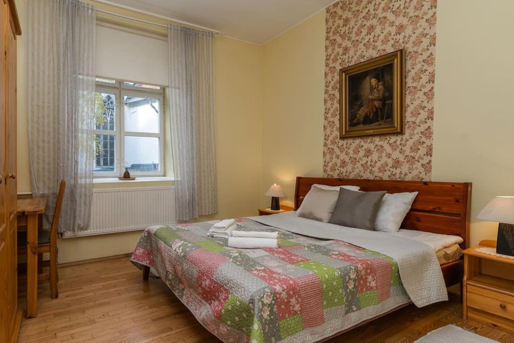 a bedroom with a bed and a window at Püha Vaimu külaliskorter in Tallinn