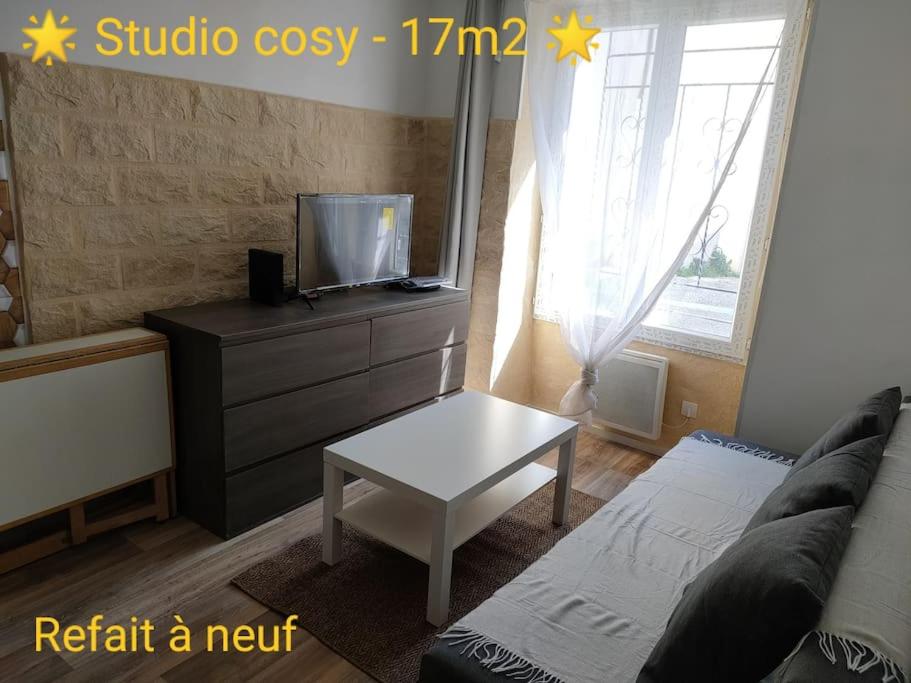 un salon avec un canapé, une télévision et une table dans l'établissement Studio meublé - Arpajon Eglise, à Arpajon