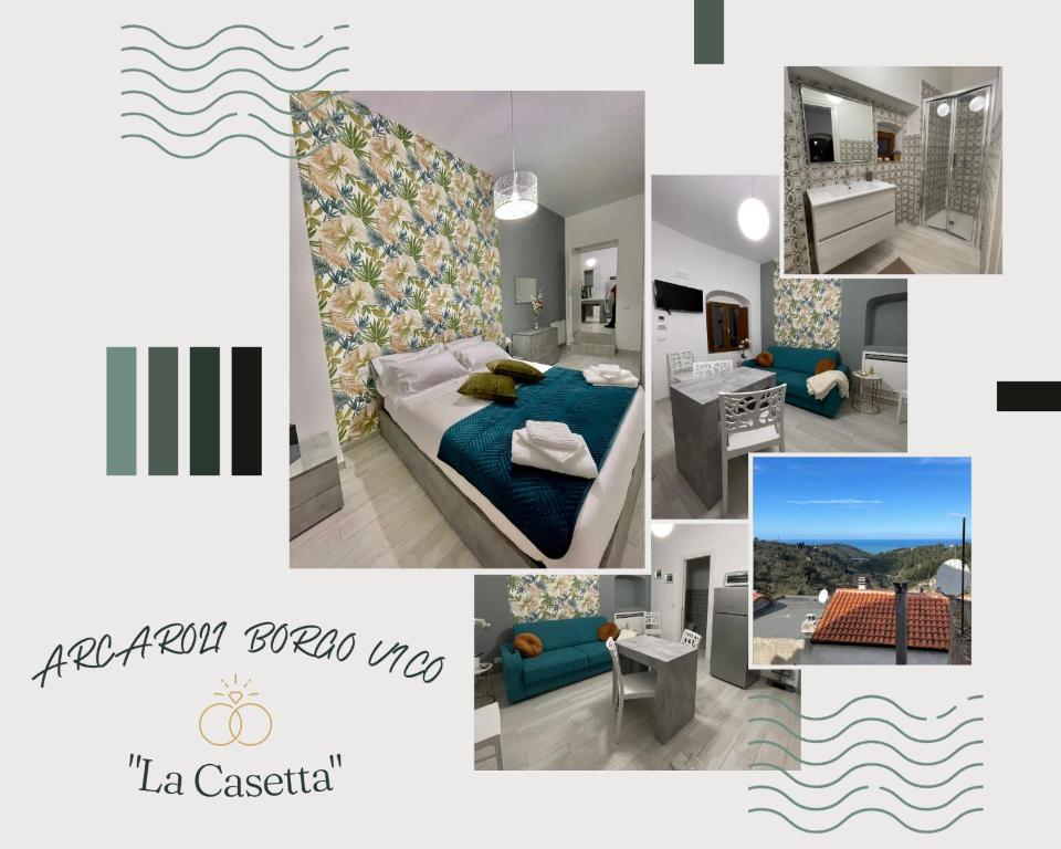 uma colagem de fotos de um quarto e uma sala de estar em Arcaroli Borgo Vico "La casetta" em Vico del Gargano