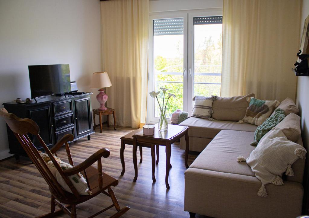 a living room with a couch and a tv at Mileva apartman in Kikinda