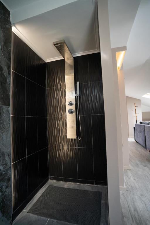 a bathroom with a shower with black tiles at Parthenis Riviera Hotel in Athens