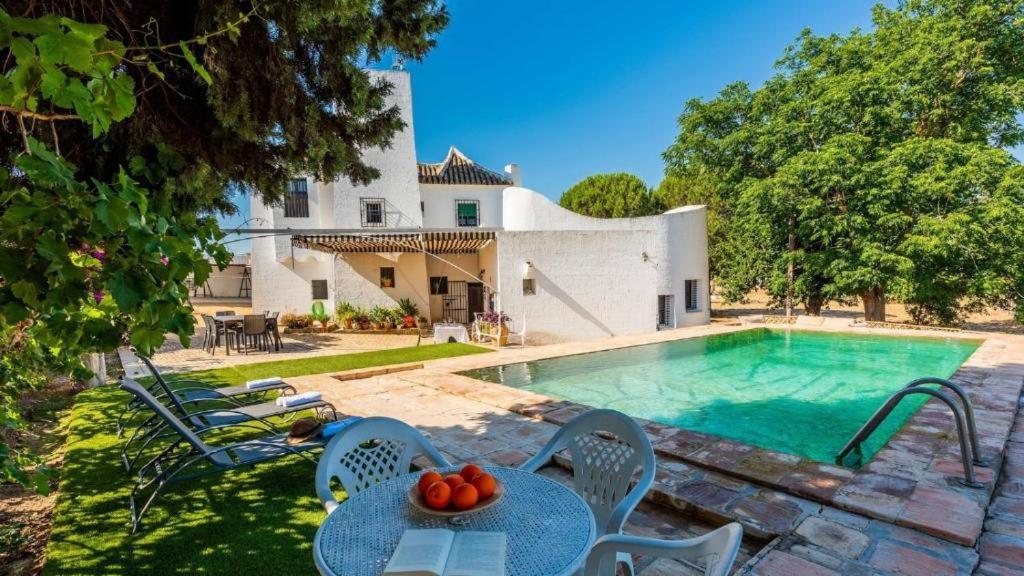 een zwembad met stoelen en een tafel met fruit erop bij Casa Rural Viña Meneses in Marchena