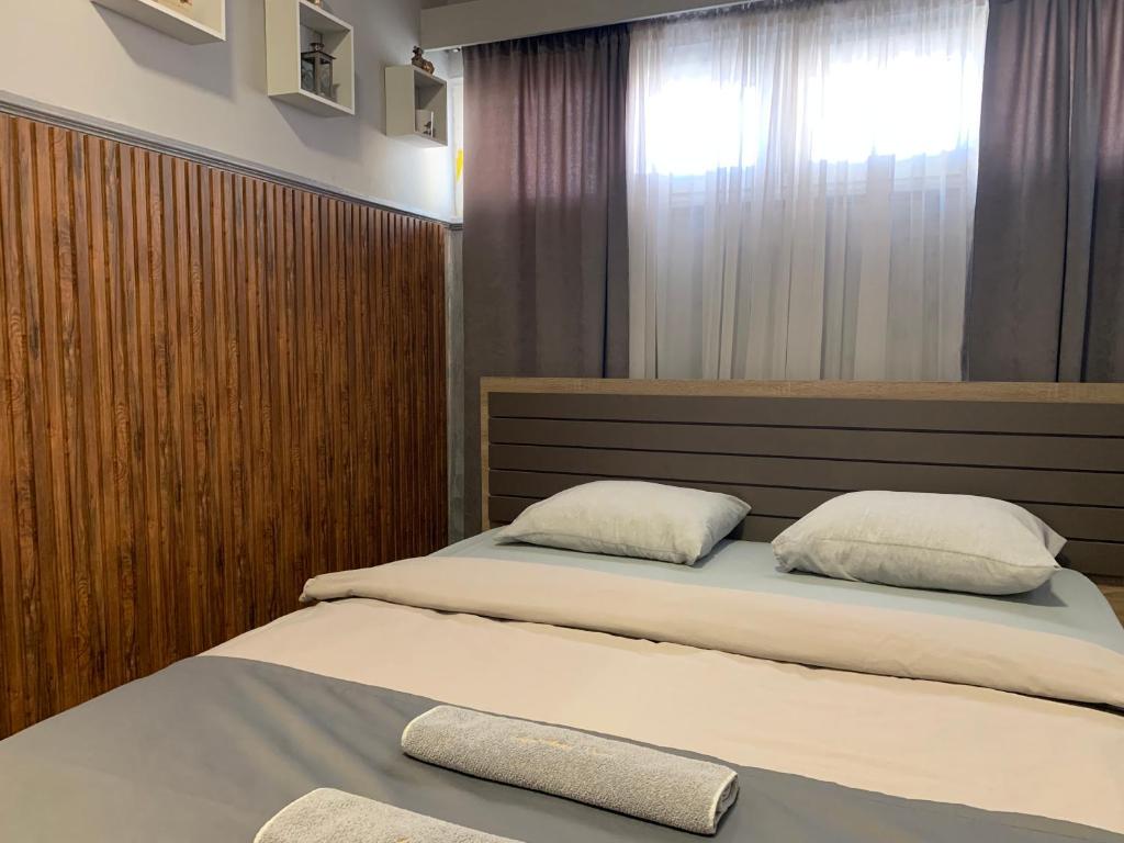 a bedroom with two beds and a window at Apartman Dacaa in Podgorica