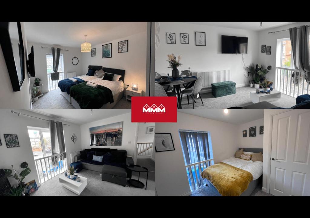 two pictures of a bedroom and a living room at Birmingham City 2 Bedroom Apartment in Birmingham