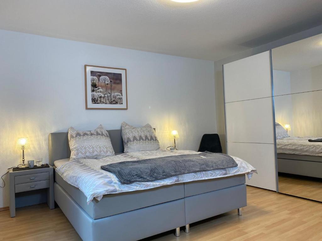 1 dormitorio con 1 cama grande y espejo en Apartment Lahnblick en Marburg an der Lahn