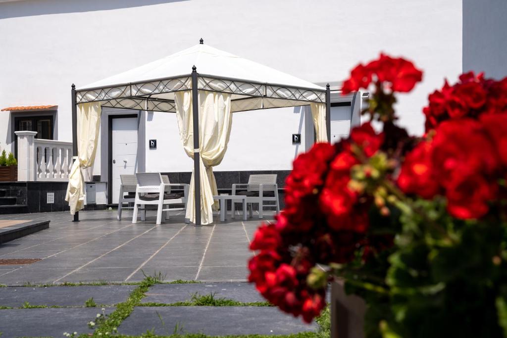 a gazebo with chairs and red flowers at Napul'è B&B in Boscotrecase