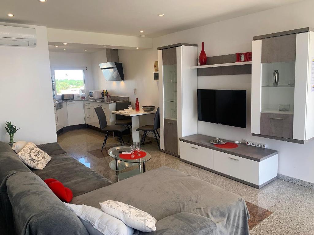 un salon avec un canapé et une télévision dans l'établissement Appartement Village Naturiste Wild, au Cap d'Agde