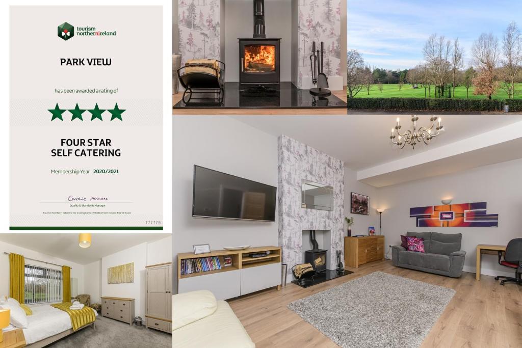 eine Collage mit drei Bildern eines Wohnzimmers in der Unterkunft Park View - 4 Star Luxury in Belfast