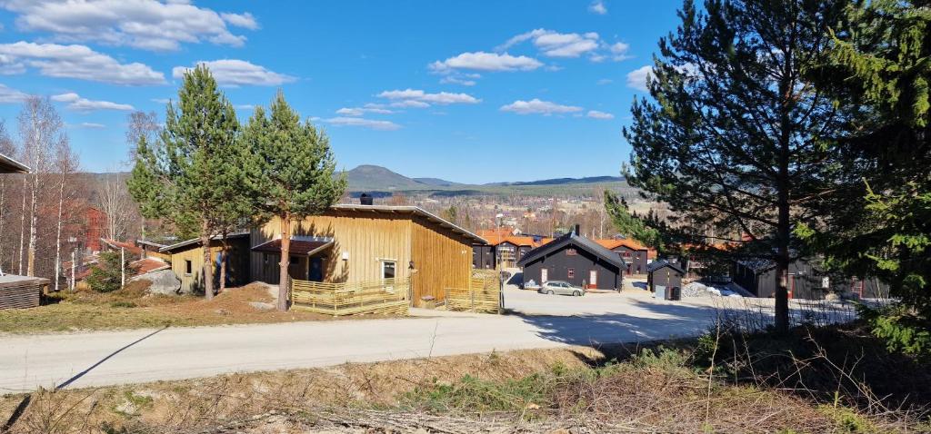 uma casa numa pequena cidade com uma rua em Stuga i Järvsöbacken em Järvsö