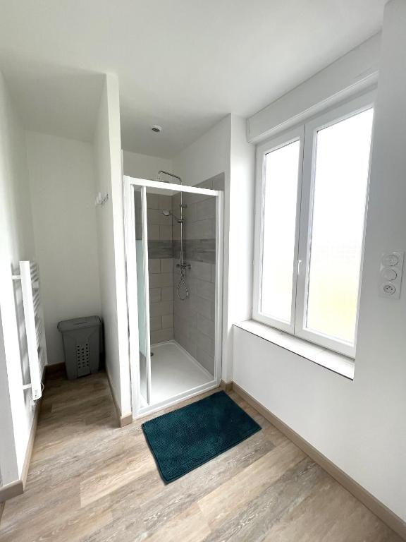 a bathroom with a shower with a glass door at 180A - Duplex T2 Tout Confort du Gond - 45 m2 in Le Gond-Pontouvre