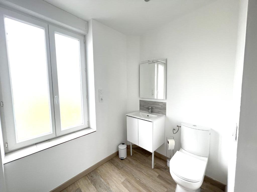 a white bathroom with a toilet and a window at 180A - Duplex T2 Tout Confort du Gond - 45 m2 in Le Gond-Pontouvre