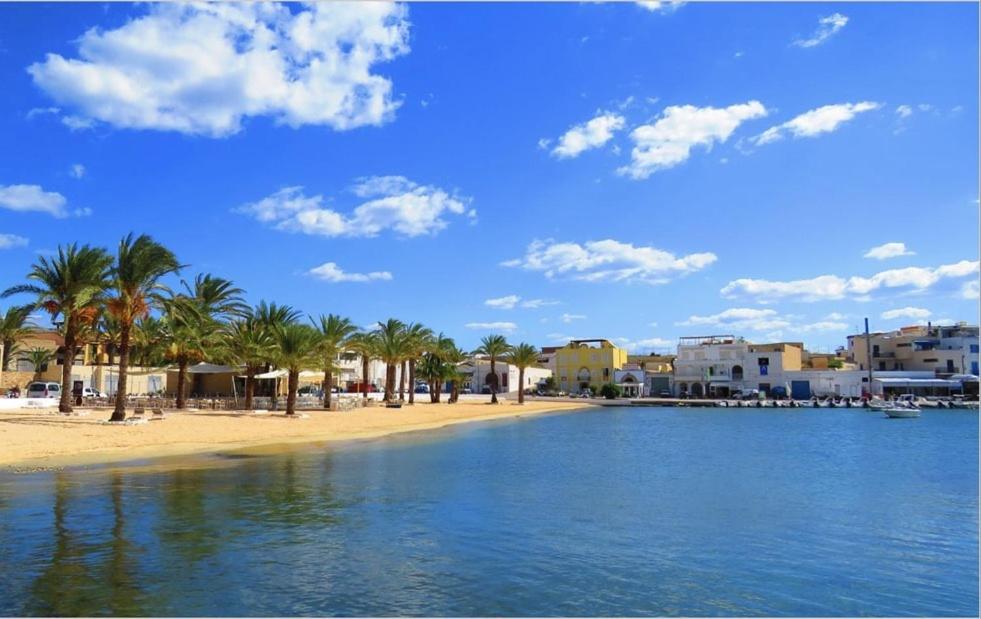 a view of a beach with palm trees and buildings at Attico sul Porto Vecchio - Lampedusa in Lampedusa
