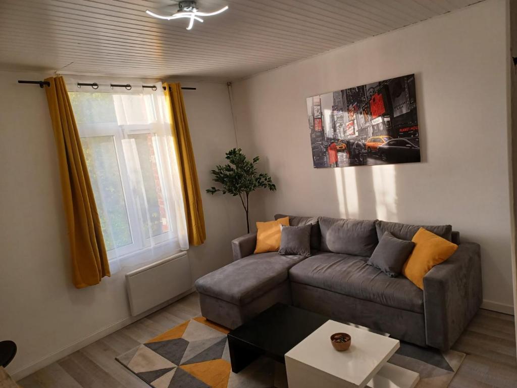 uma sala de estar com um sofá e uma mesa em Richelieu 2 chez Adrien em Saint-Quentin
