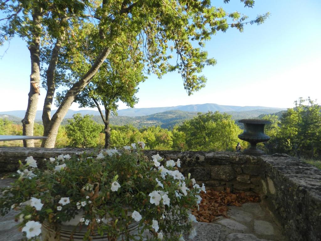a garden with white flowers in a stone wall at Villa de 6 chambres avec piscine privee jardin clos et wifi a Saignon in Saignon