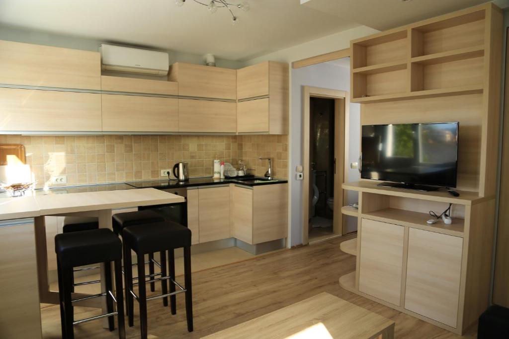 a kitchen with wooden cabinets and a flat screen tv at One bedroom appartement at Tivat 200 m away from the beach with wifi in Tivat