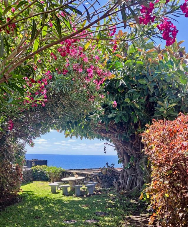 a garden with flowers and a table and the ocean at Casa mar y jardín: tranquilidad y vistas únicas in Los Cancajos