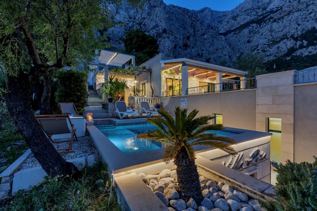 a house with a swimming pool and a palm tree at Villa Rita in Makarska