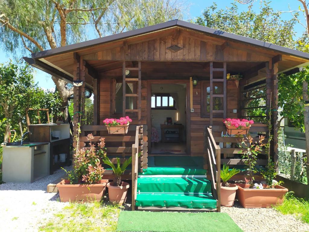 een tiny house met een veranda en planten bij LA VOLPE DI AGROPOLI in Agropoli