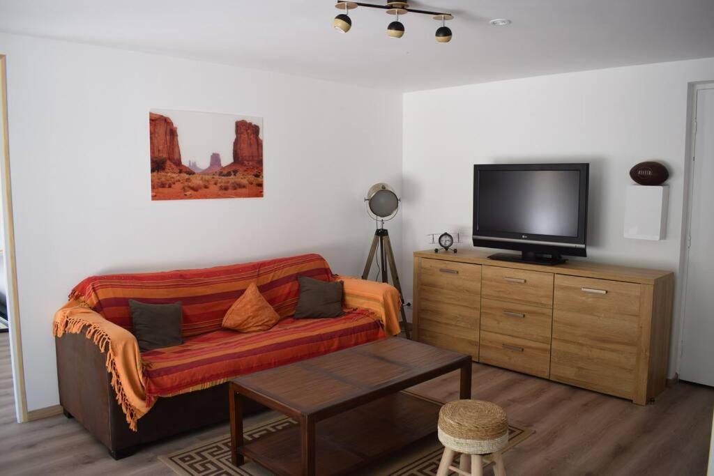 uma sala de estar com um sofá e uma televisão de ecrã plano em APPARTEMENT NEUF ET INDÉPENDANT DANS REZ-DE-VILLA em Vallauris