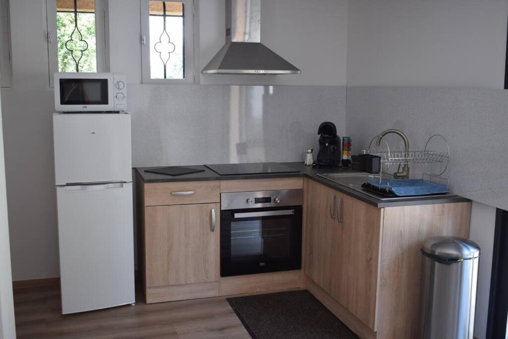 a kitchen with a white refrigerator and a stove at APPARTEMENT NEUF ET INDÉPENDANT DANS REZ-DE-VILLA in Vallauris