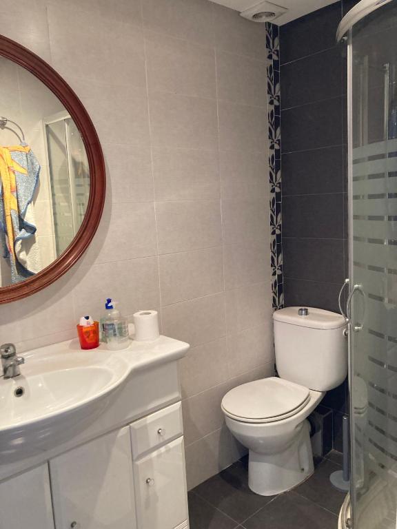 W łazience znajduje się toaleta, umywalka i lustro. w obiekcie Apartamento 1ª linea de mar w mieście Almería