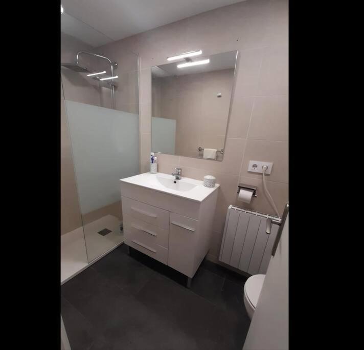 a bathroom with a sink and a toilet and a mirror at Fantástico apartamento con piscina en Tossa de Mar in Tossa de Mar
