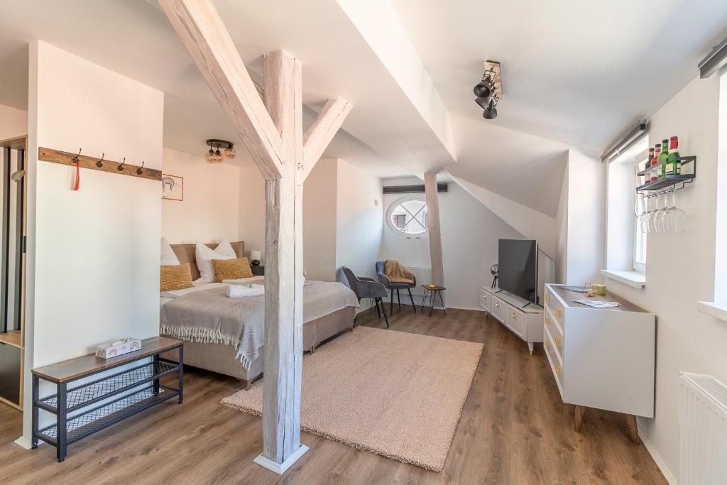 1 dormitorio con 1 cama y TV en una habitación en Daniels Apartment an der Schloßbrücke, en Meißen