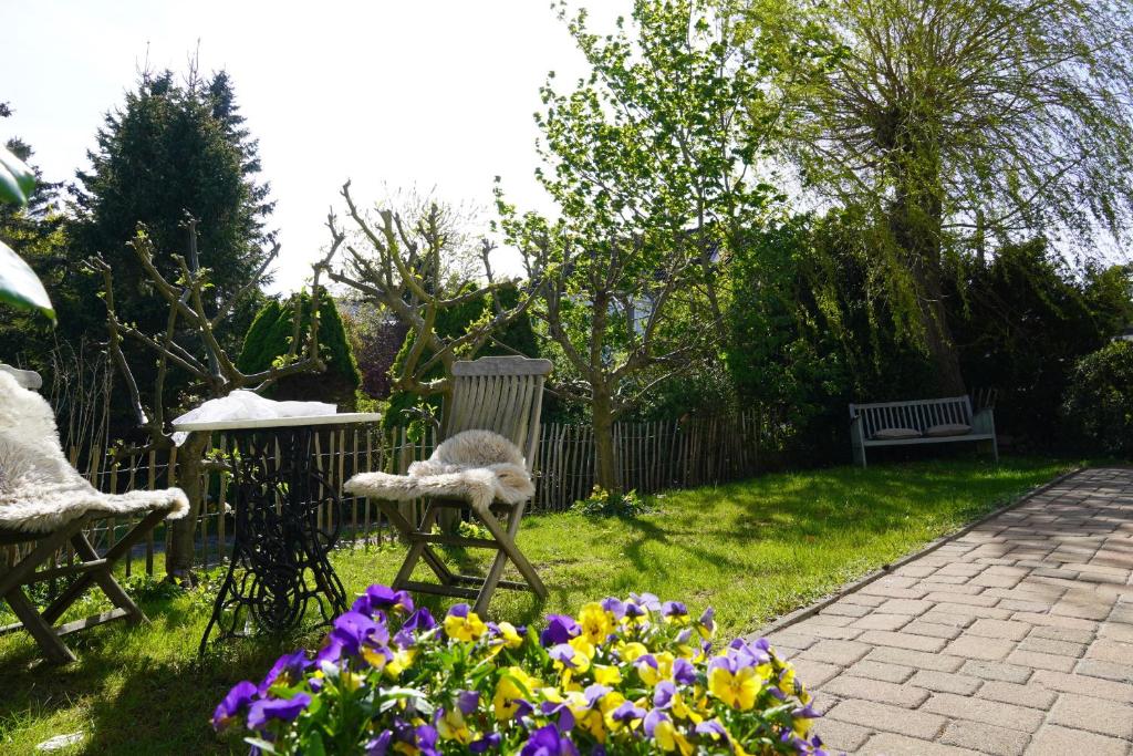 グラール・ミューリッツにあるFerienwohnung mit Gartenbereich (UT)の草の中に椅子2脚と花々が植えられた庭園