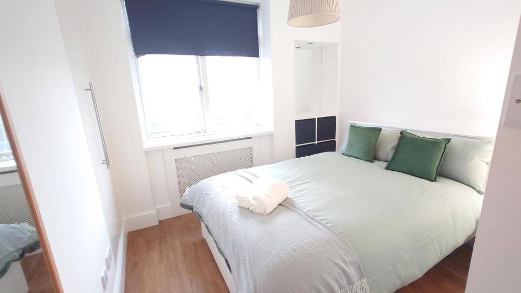 ロンドンにあるDeluxe Tower Bridge Apartmentのベッドルーム(緑の枕が付く白いベッド付)