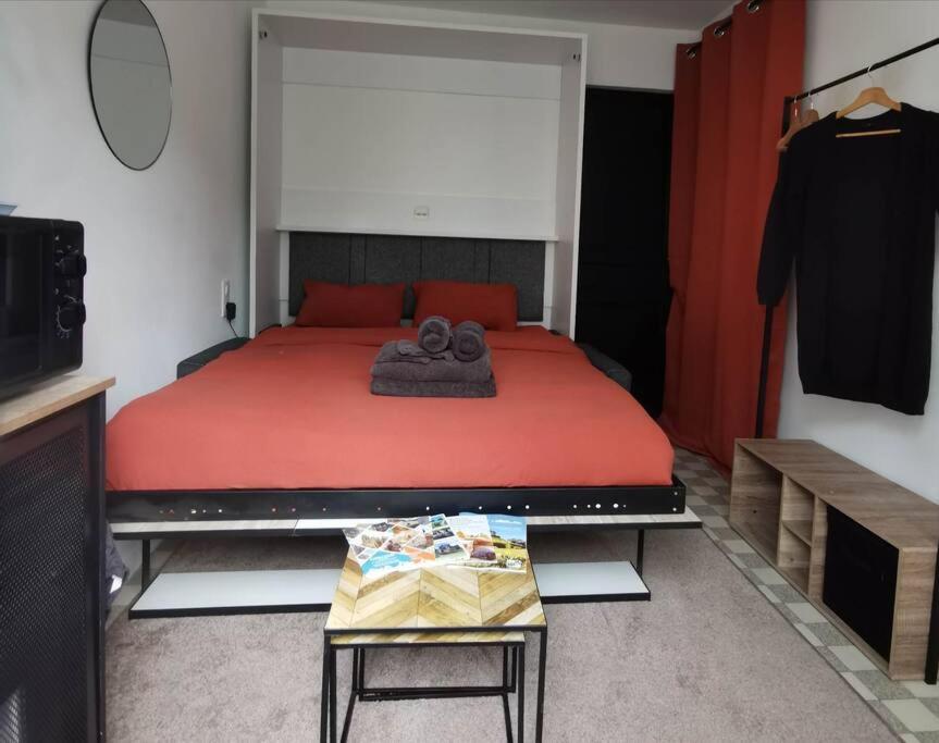 Un dormitorio con una cama con sábanas rojas y una mesa. en chambre 2 pas du centre-ville, en Gisors