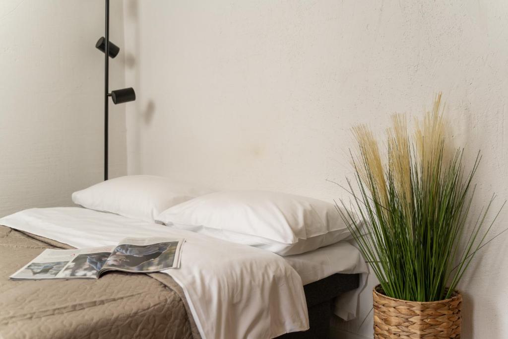 a bedroom with two beds and a potted plant at Air Apartment 114 in Vilnius