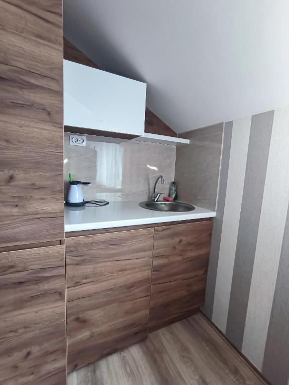 Kuchyň nebo kuchyňský kout v ubytování Studio Apartments Maksimović