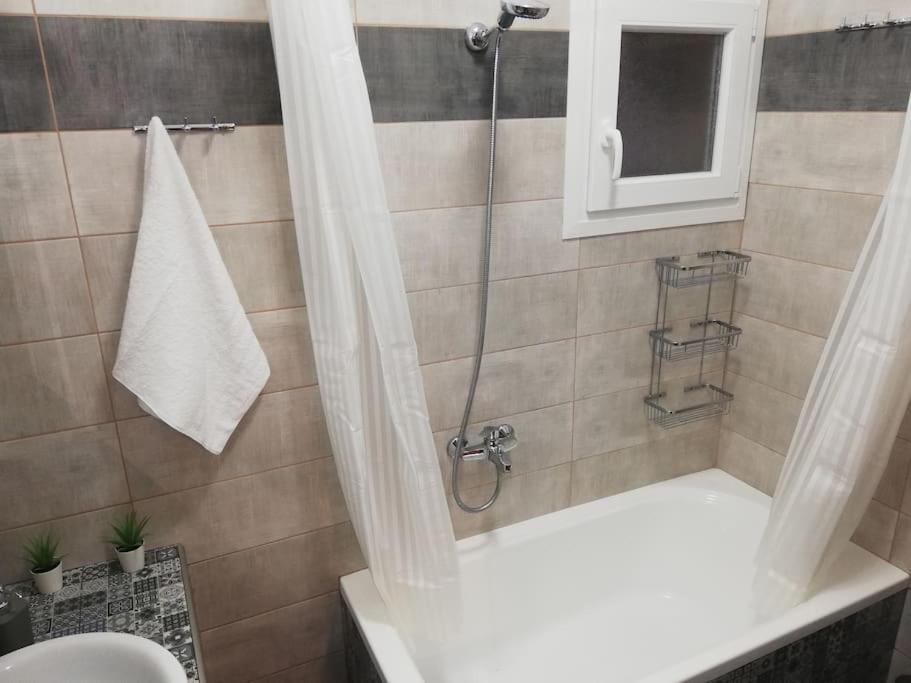 La salle de bains est pourvue d'une douche, d'une baignoire et d'un lavabo. dans l'établissement Comfortable apartment for relax., à Vólos