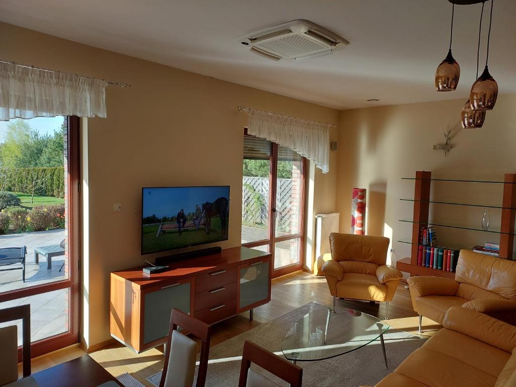Televízia a/alebo spoločenská miestnosť v ubytovaní Port Jeziorak