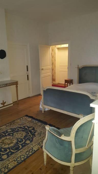 a bedroom with a bed and a chair and a rug at La Volière in Champigny-sur-Veude