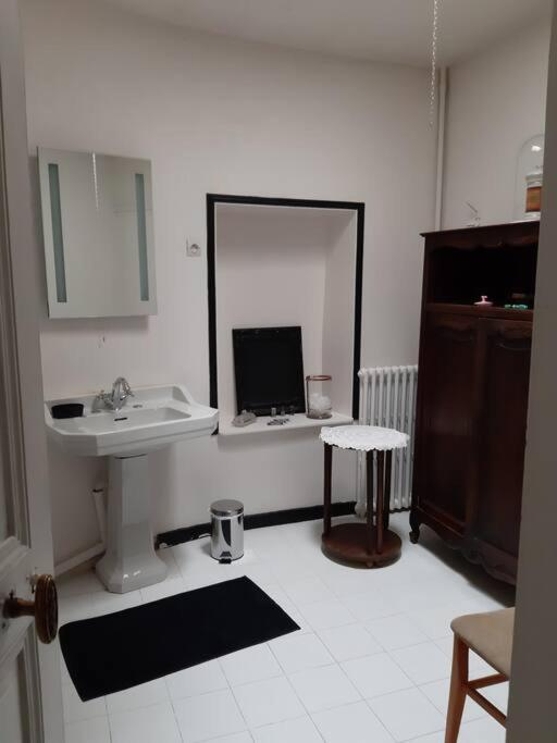 a bathroom with a sink and a mirror at La Volière in Champigny-sur-Veude