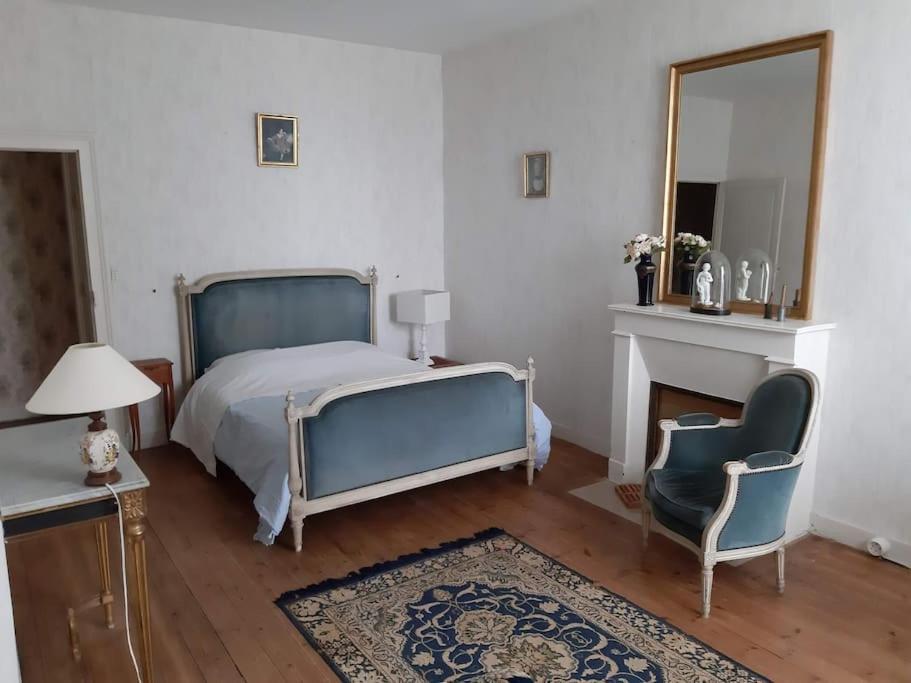 um quarto com uma cama, um espelho e uma cadeira em La Volière em Champigny-sur-Veude